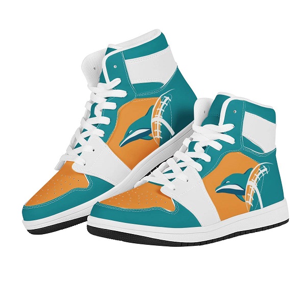 Women's Miami Dolphins High Top Leather AJ1 Sneakers 001 Women's Miami Dolphins High Top Leather AJ1 Sneakers 001